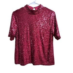Calvin Klein NWT Burgundy Sequin Top Women’s Petite Small PS Short Sleeve
